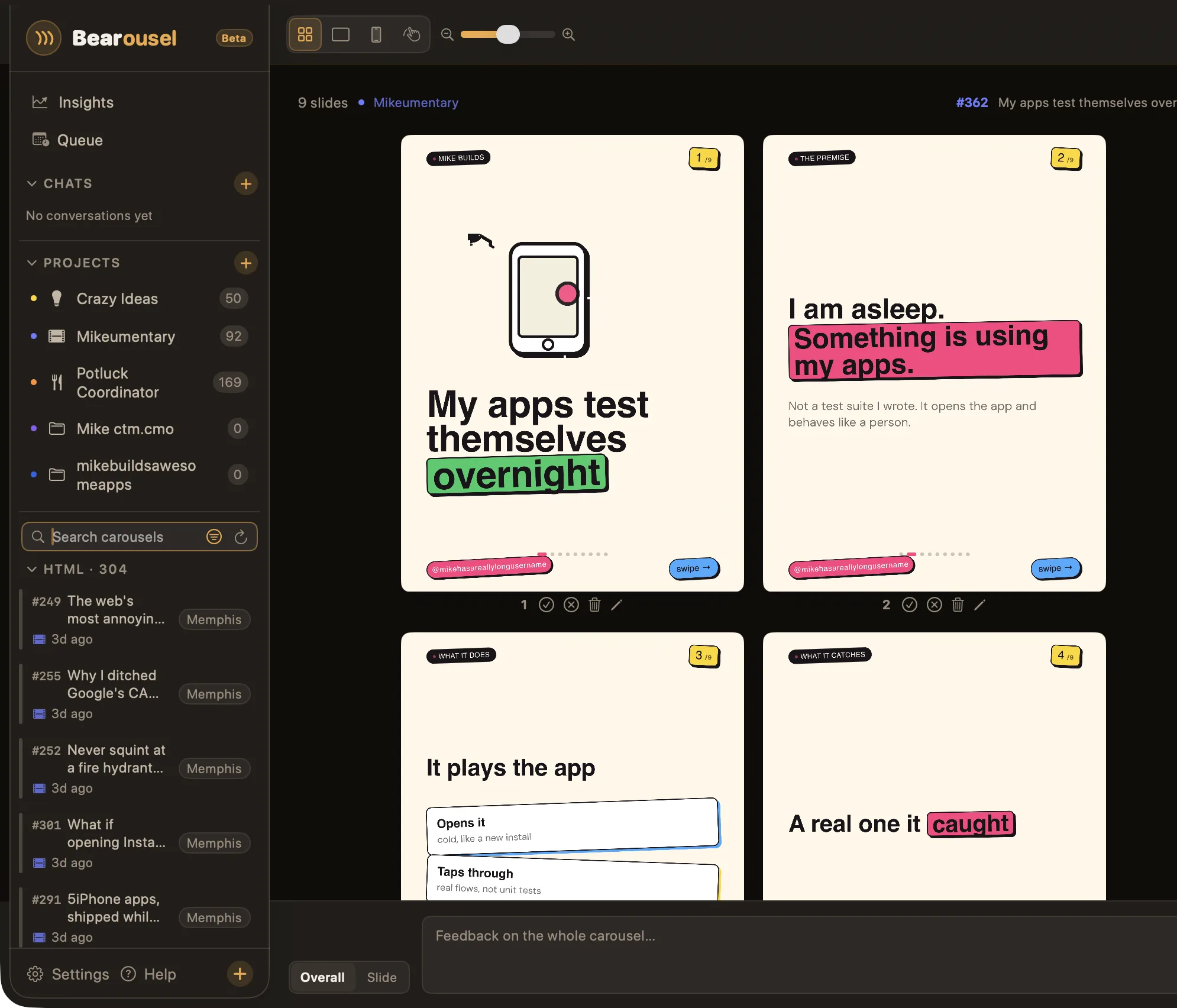 Bearousel's main window: projects and carousels in the sidebar, a nine-slide carousel in grid view with approve controls under each slide, and the feedback bar.
