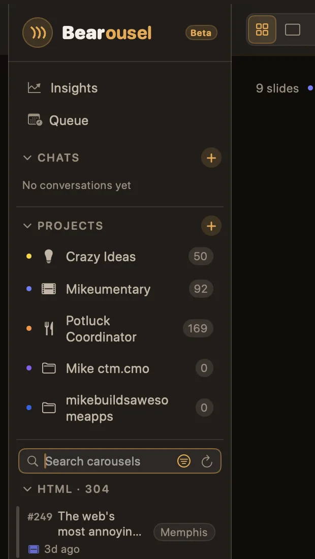 The Bearousel sidebar: Insights, Queue, and projects with their carousel counts.