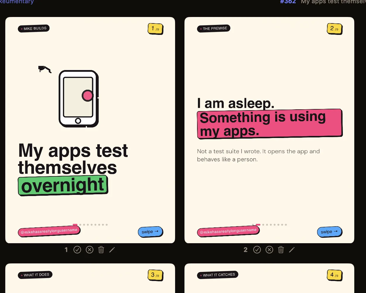 Two finished slides in Bearousel's grid view with approve, reject, delete and edit buttons under each.