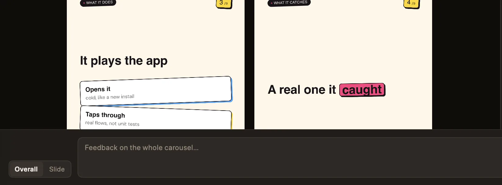 The bottom of Bearousel's window: two slides and the feedback bar with Overall and Slide modes.