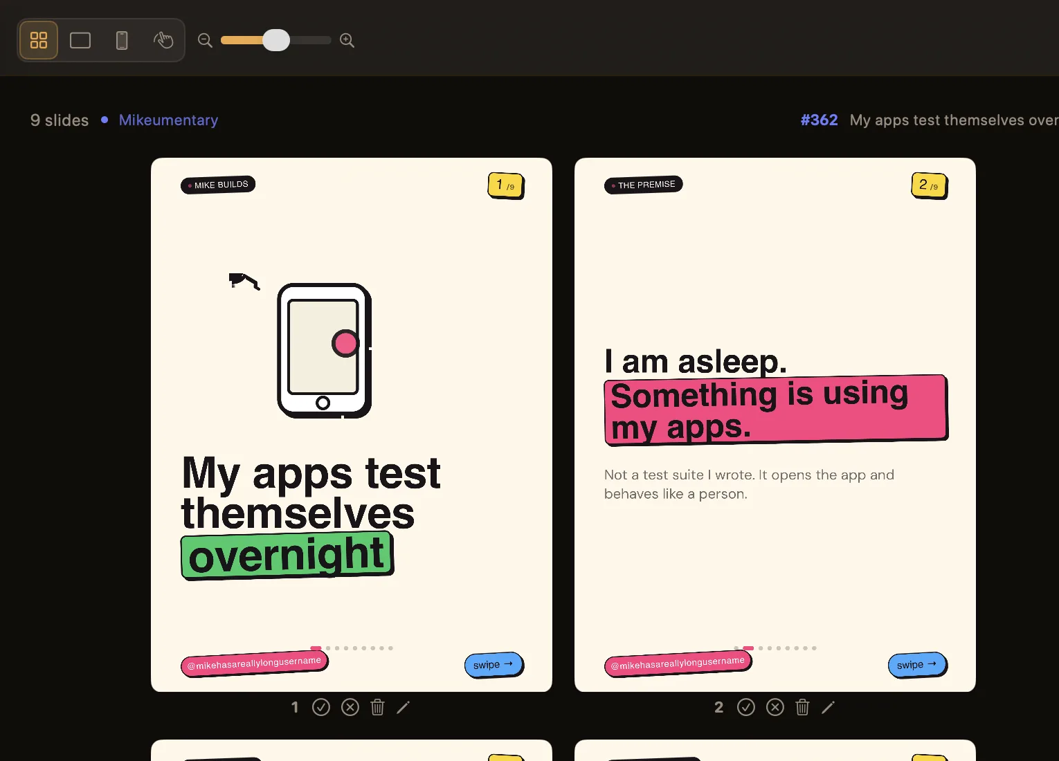 Bearousel's toolbar with grid, single slide and phone views, over two slides with their approve rows.