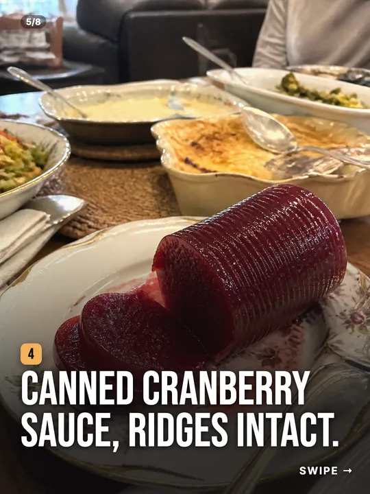 Slide: Canned cranberry sauce, ridges intact.