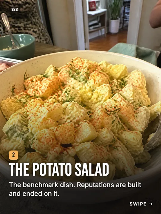A finished Potluck Coordinator slide: The potato salad. The benchmark dish.