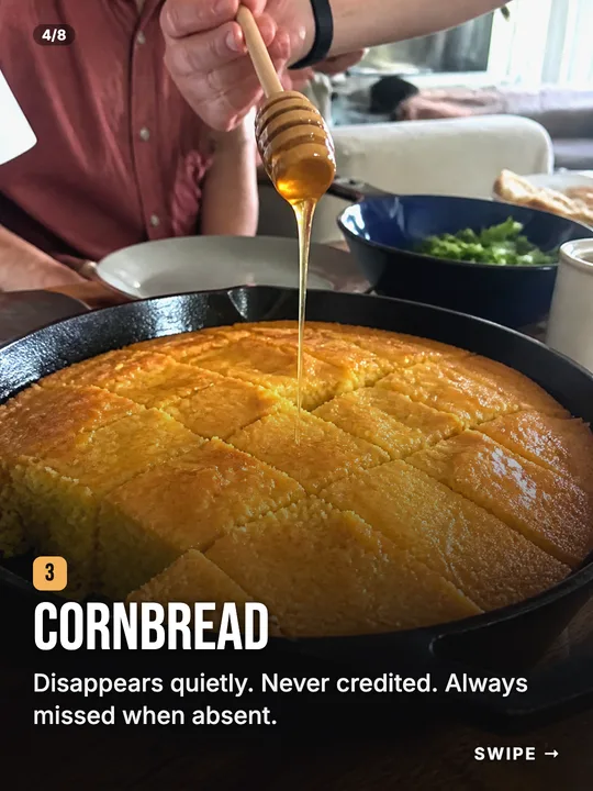 Slide: Cornbread. Disappears quietly. Never credited.
